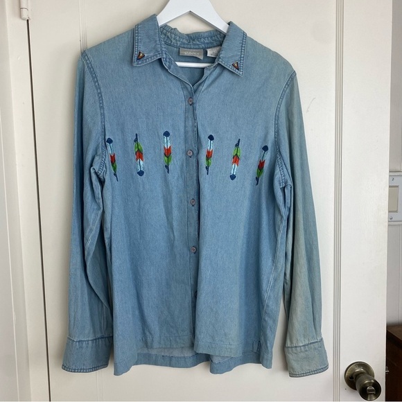Vintage Southwest Embroidered Feather Chambray Denim Button Front Shirt Medium - Picture 2 of 9